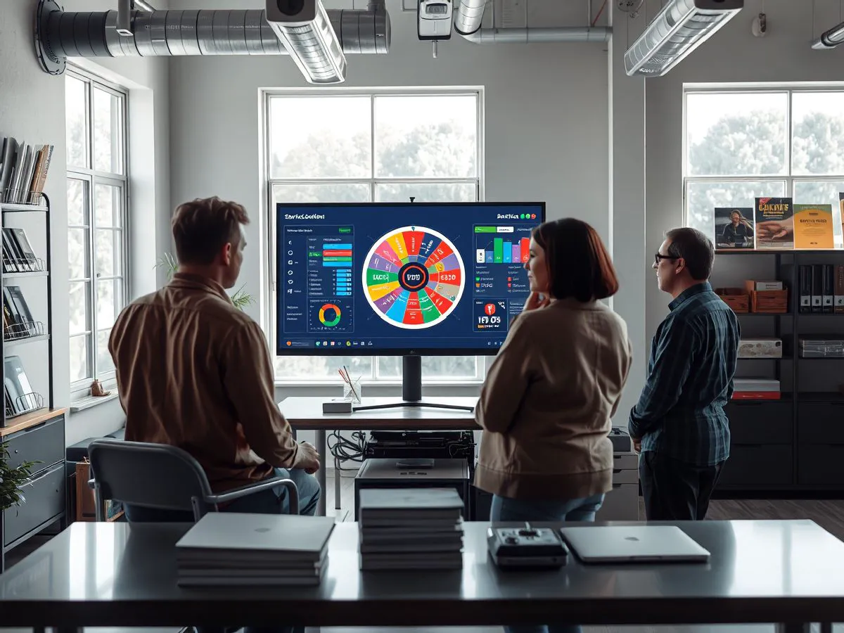 爱格顺团队在办公室讨论电商大促抽奖活动方案
